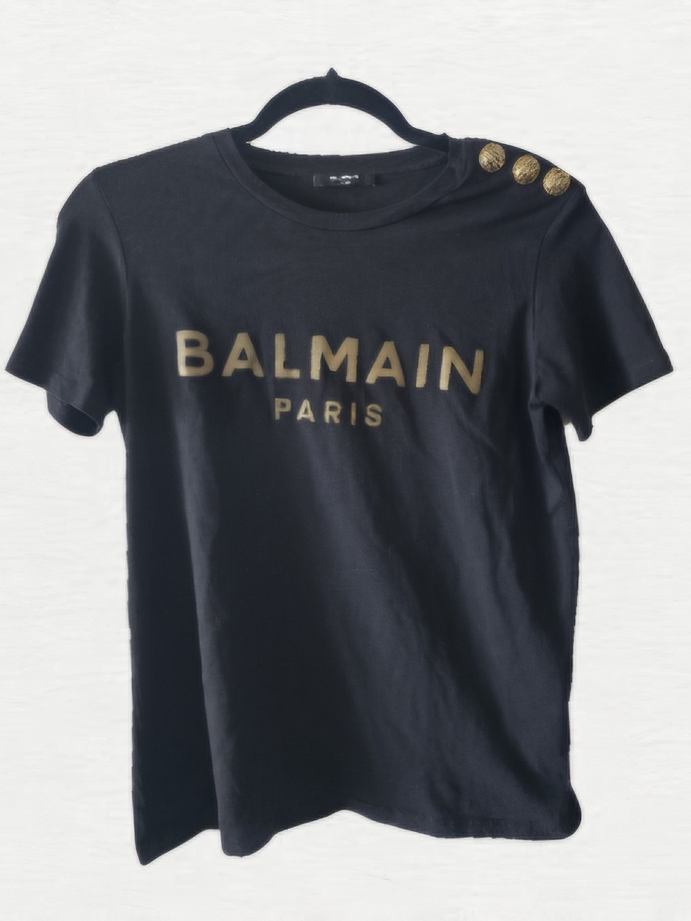 Balmain Black Tee with Gold Logo and Shoulder Buttons
